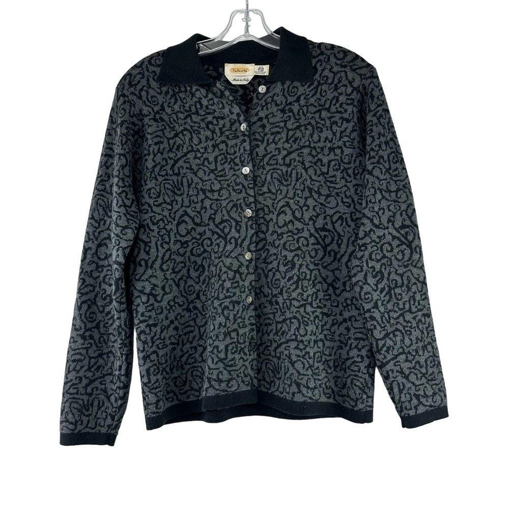 Talbots Pure New Wool‎ Cardigan Women Size L Gray Black Italian Button Front